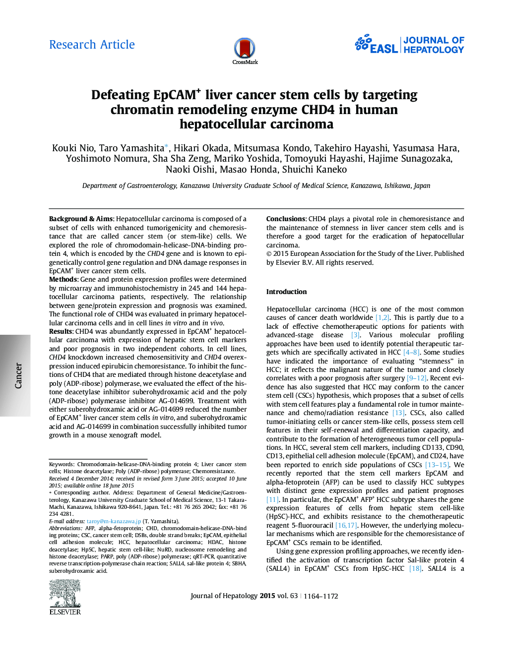 Research ArticleDefeating EpCAM+ liver cancer stem cells by targeting chromatin remodeling enzyme CHD4 in human hepatocellular carcinoma