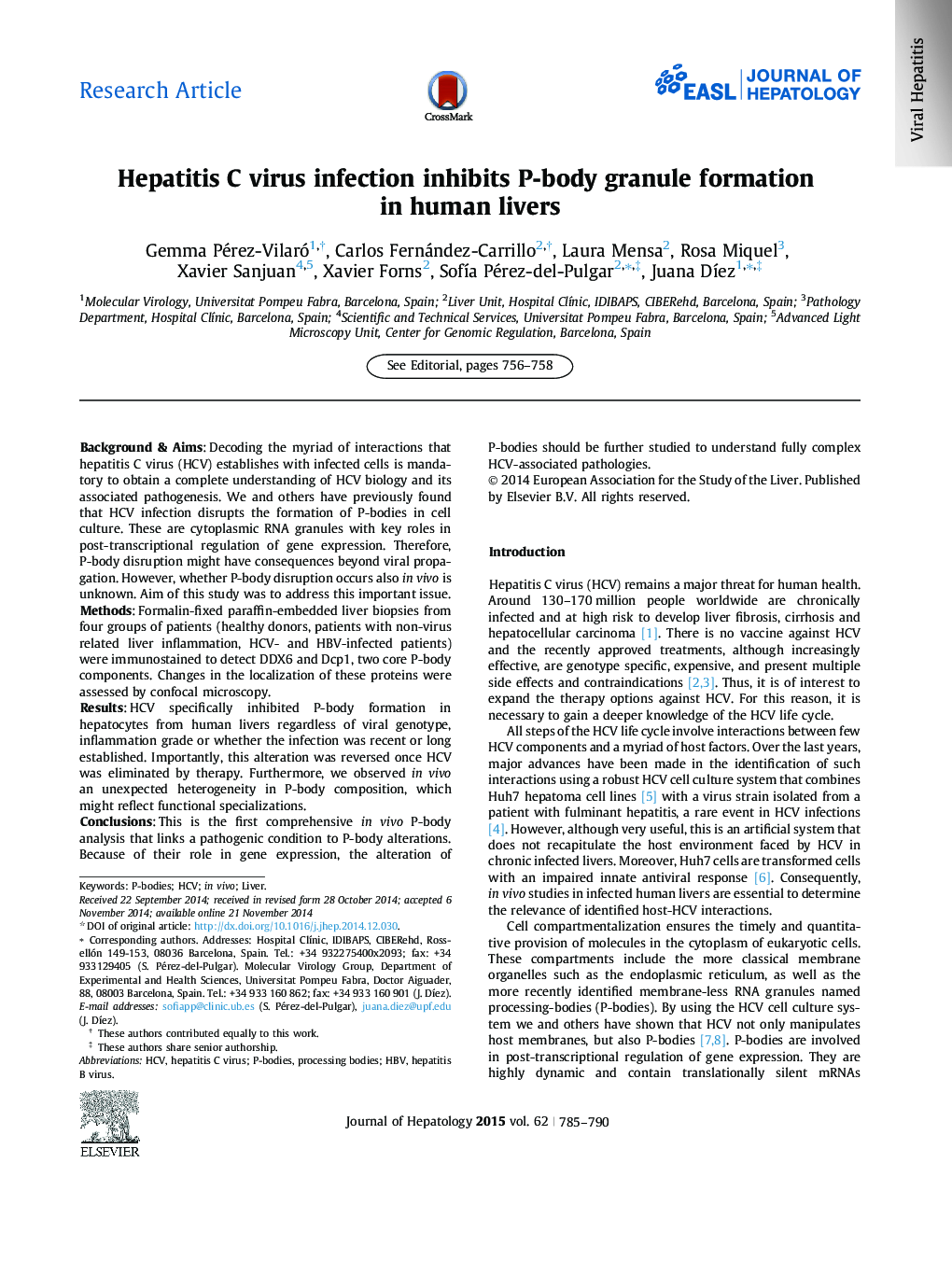 Research ArticleHepatitis C virus infection inhibits P-body granule formation in human livers