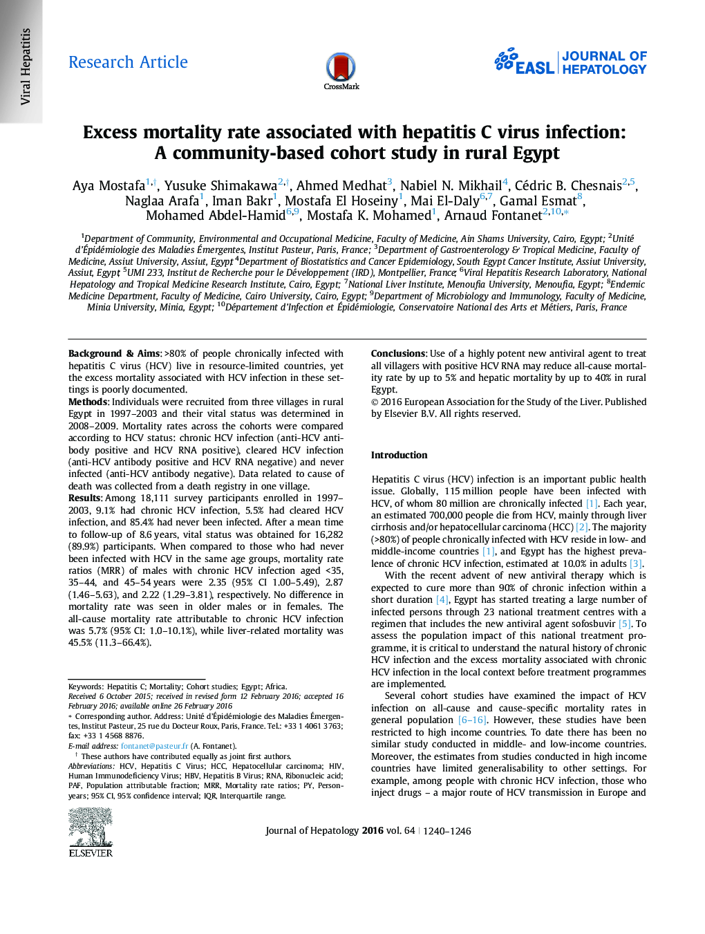 Research ArticleExcess mortality rate associated with hepatitis C virus infection: A community-based cohort study in rural Egypt