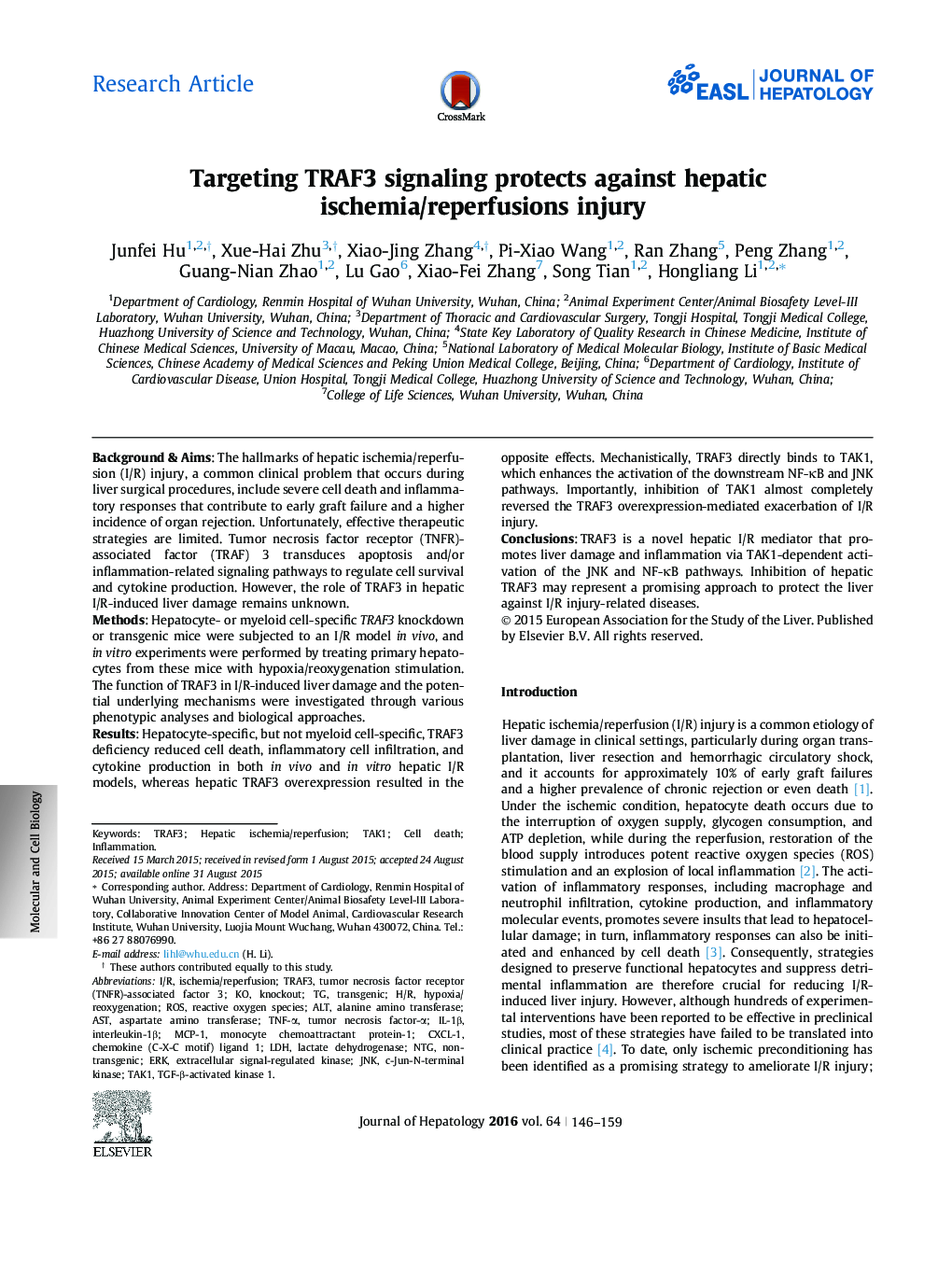 Research ArticleTargeting TRAF3 signaling protects against hepatic ischemia/reperfusions injury