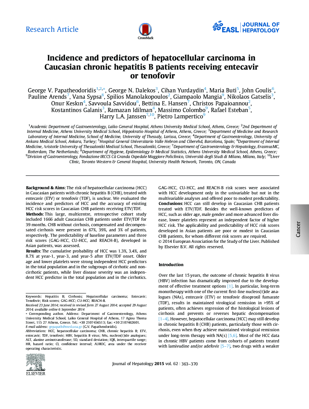 Research ArticleIncidence and predictors of hepatocellular carcinoma in Caucasian chronic hepatitis B patients receiving entecavir or tenofovir