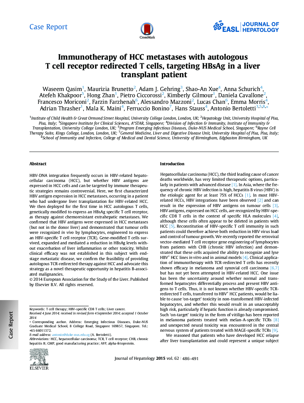 Case ReportImmunotherapy of HCC metastases with autologous T cell receptor redirected T cells, targeting HBsAg in a liver transplant patient