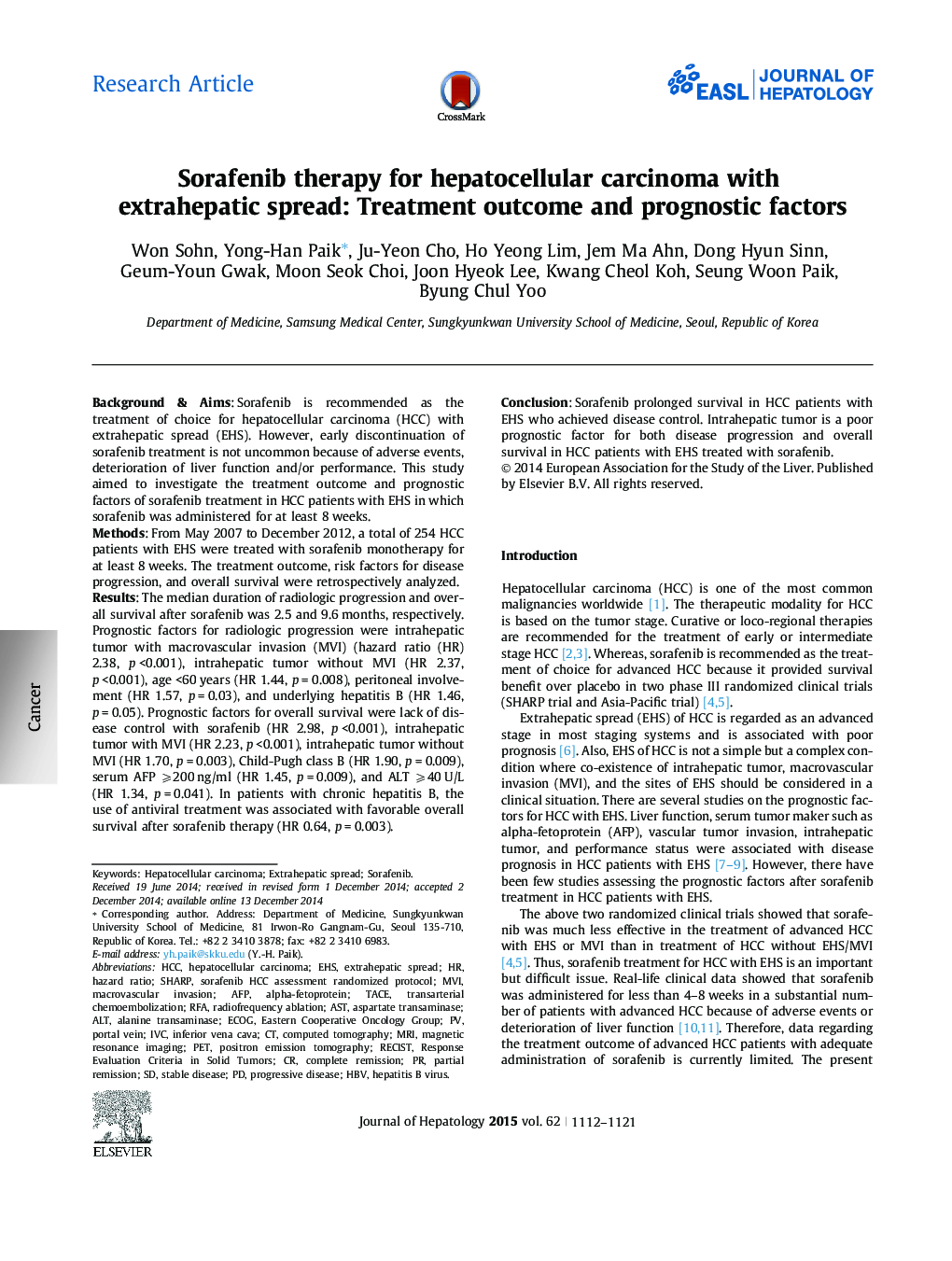 Research ArticleSorafenib therapy for hepatocellular carcinoma with extrahepatic spread: Treatment outcome and prognostic factors