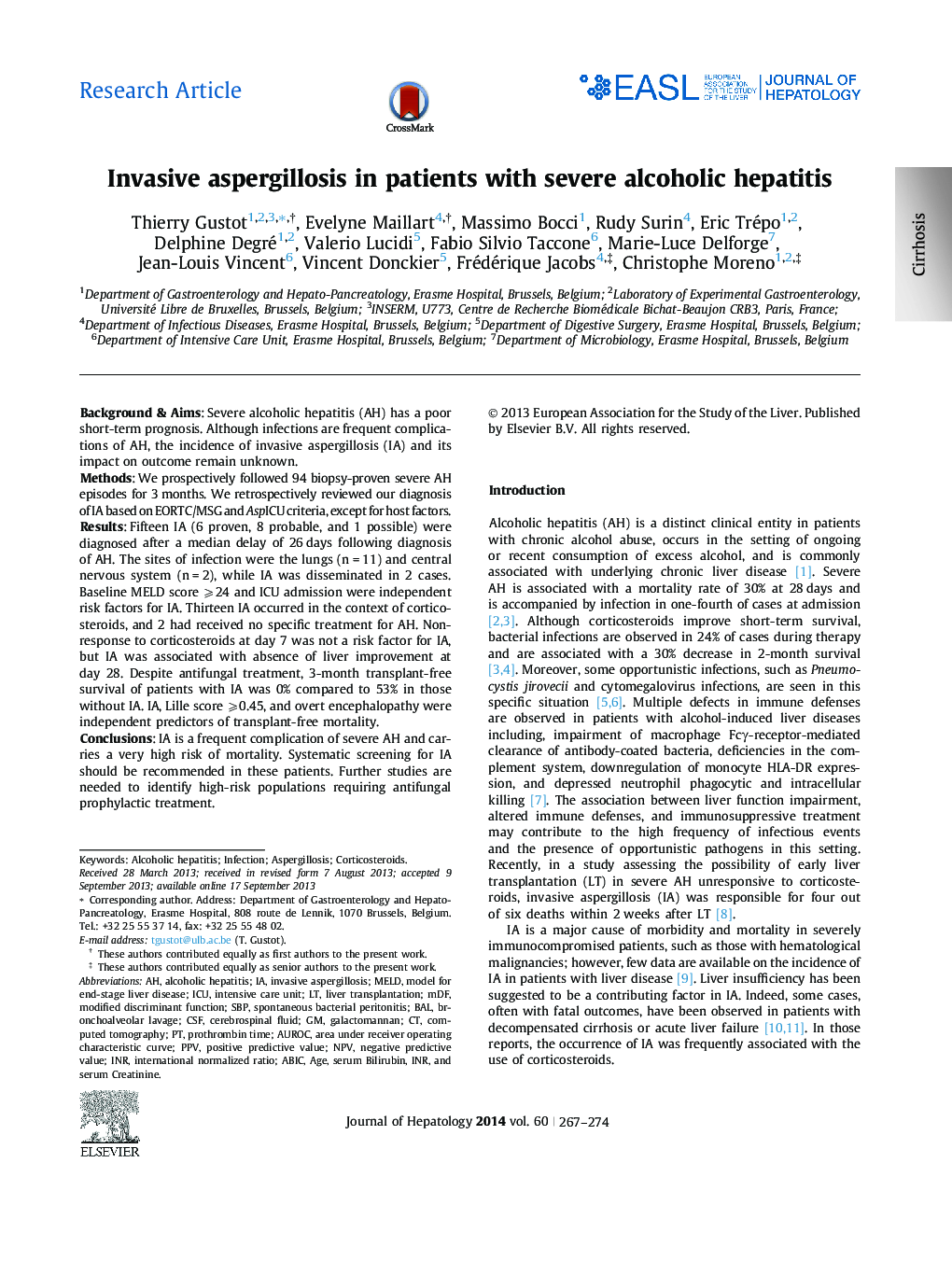 Research ArticleInvasive aspergillosis in patients with severe alcoholic hepatitis