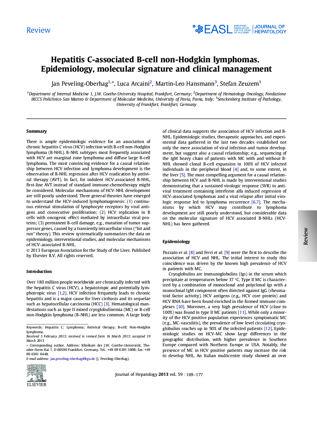 ReviewHepatitis C-associated B-cell non-Hodgkin lymphomas. Epidemiology, molecular signature and clinical management