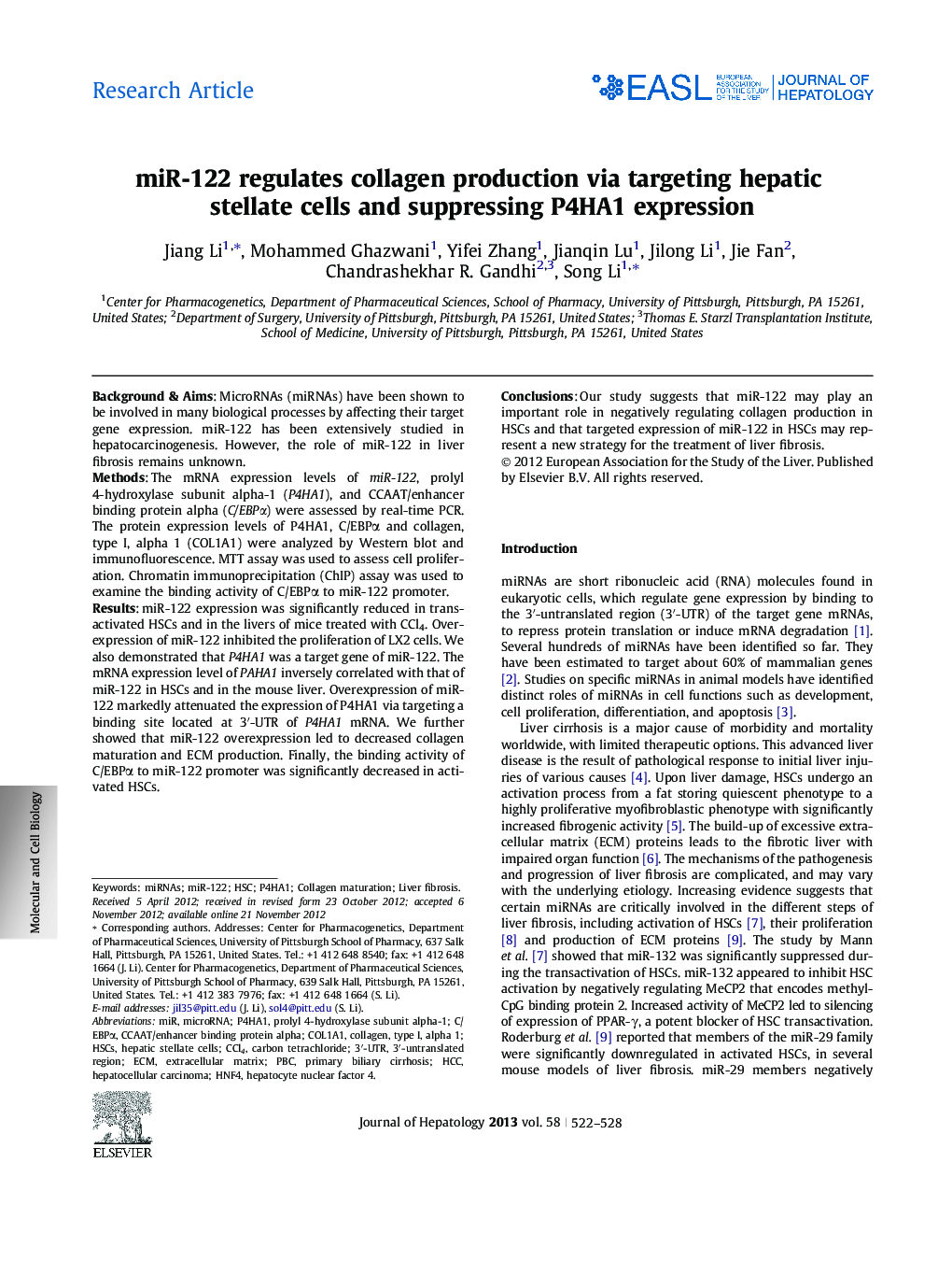 Research ArticlemiR-122 regulates collagen production via targeting hepatic stellate cells and suppressing P4HA1 expression