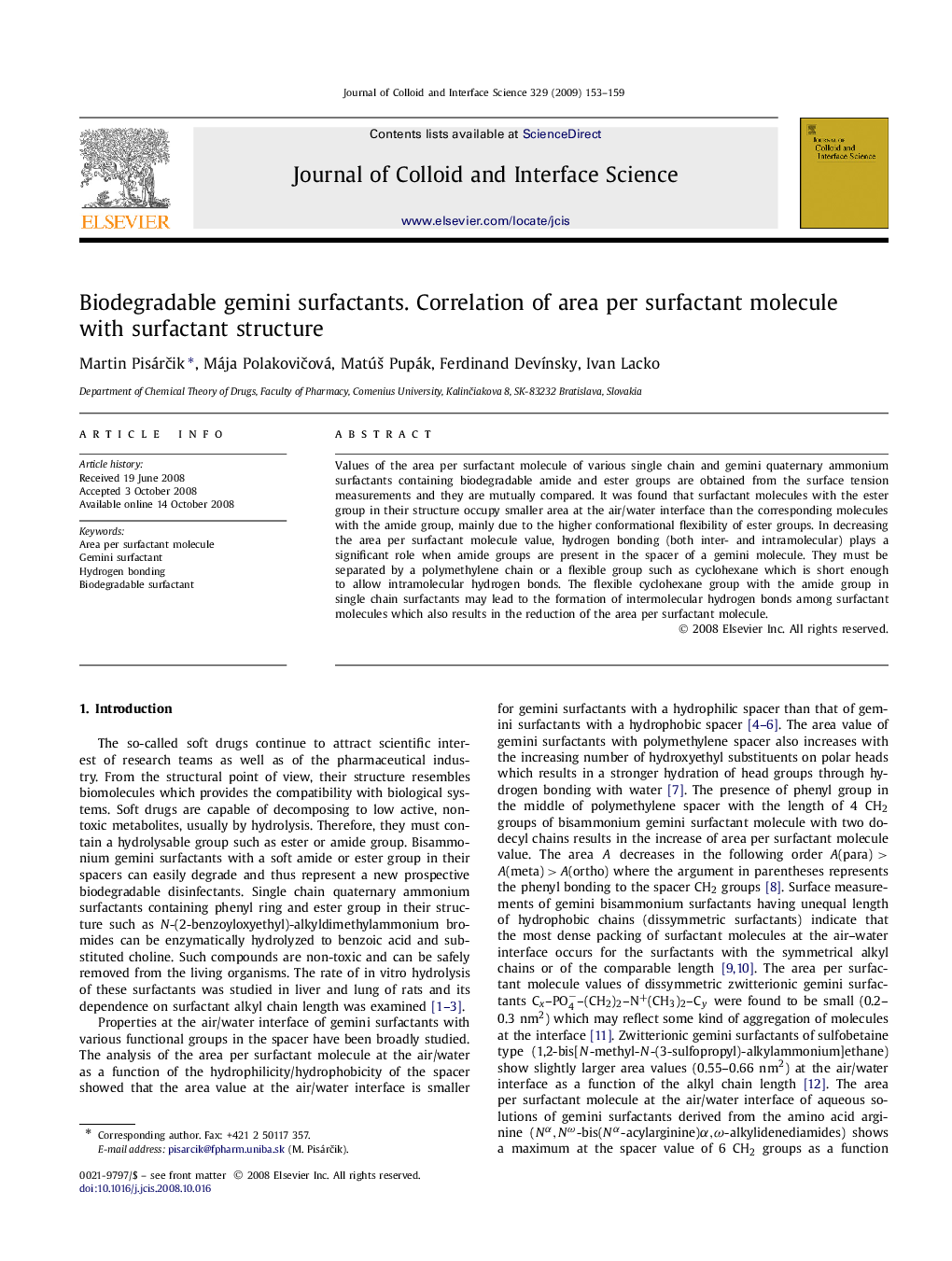 Biodegradable gemini surfactants. Correlation of area per surfactant molecule with surfactant structure