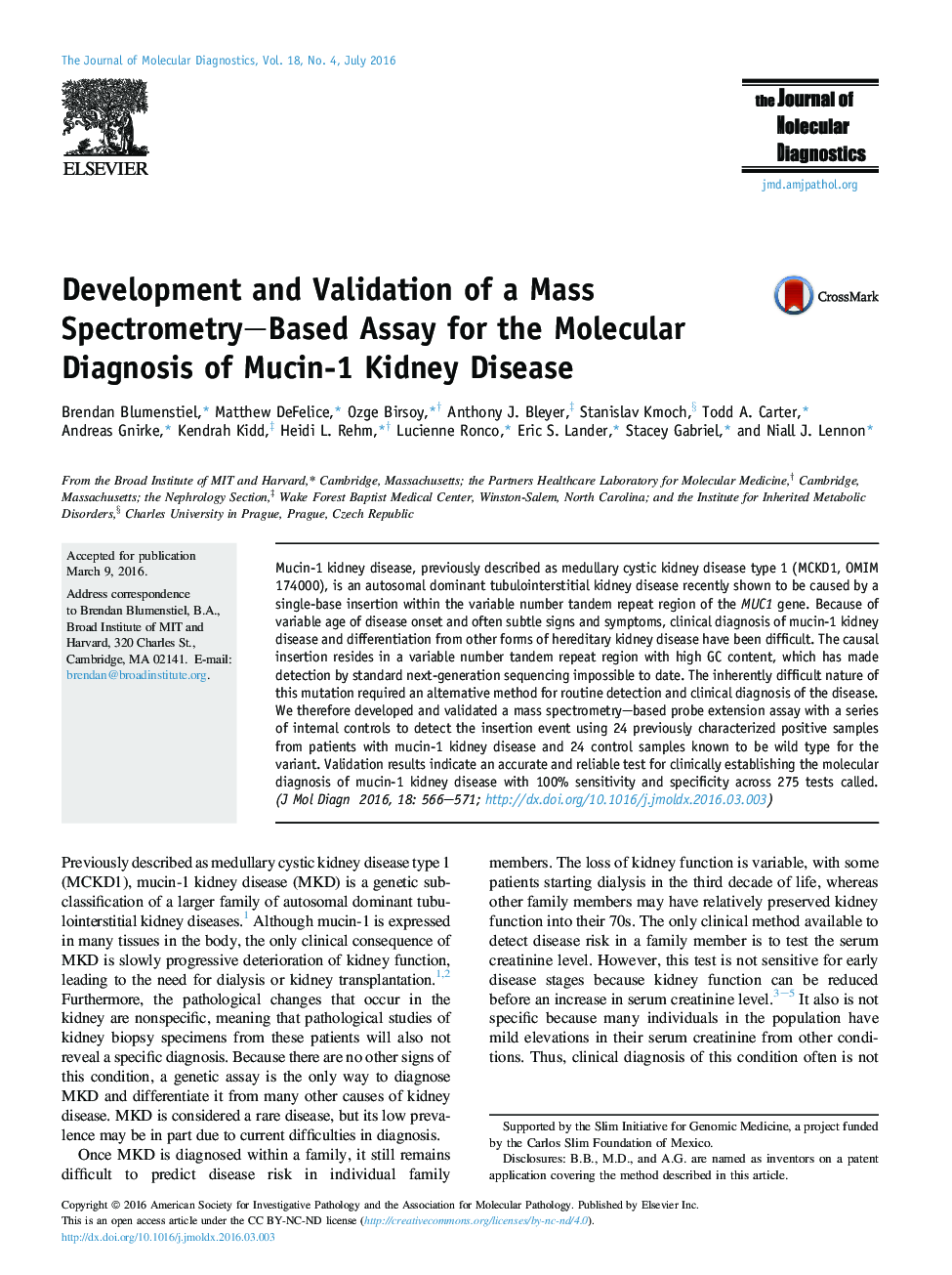 Regular articleDevelopment and Validation of a Mass Spectrometry-Based Assay for the Molecular Diagnosis of Mucin-1 Kidney Disease