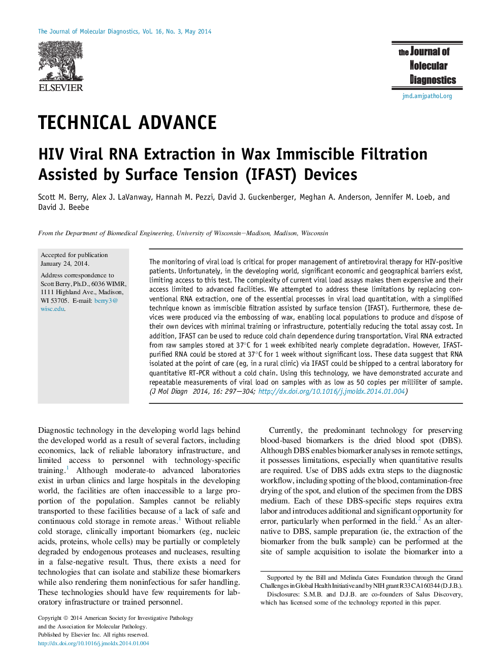 Technical advanceHIV Viral RNA Extraction in Wax Immiscible Filtration Assisted by Surface Tension (IFAST) Devices