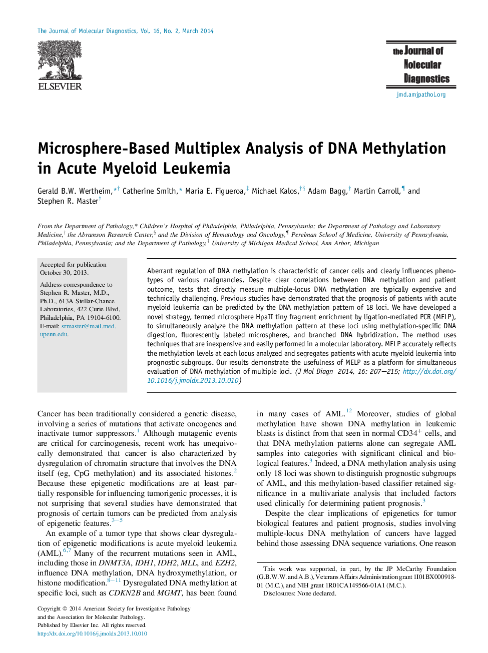 Regular articleMicrosphere-Based Multiplex Analysis of DNA Methylation in Acute Myeloid Leukemia