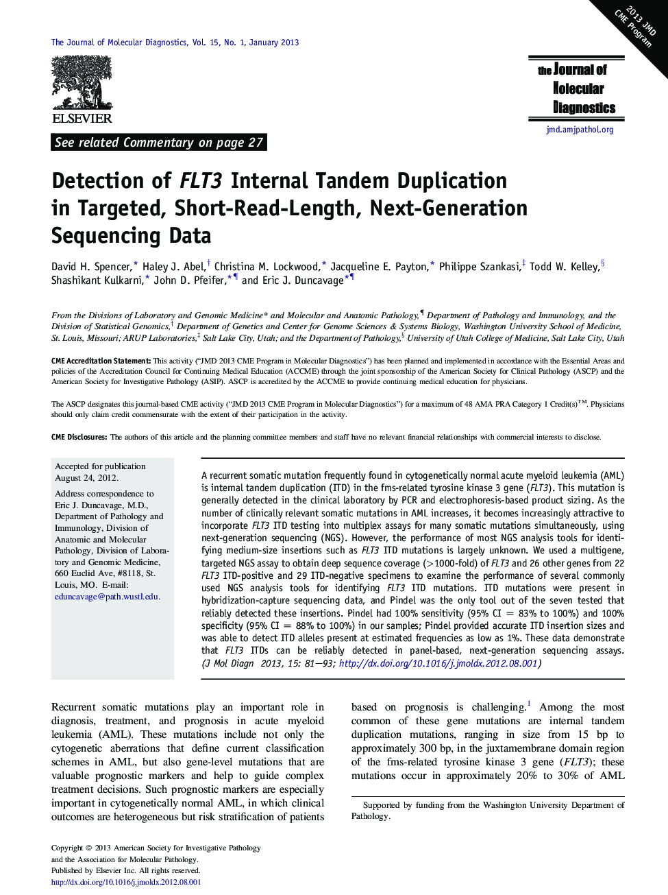 Regular articleDetection of FLT3 Internal Tandem Duplication in Targeted, Short-Read-Length, Next-Generation Sequencing Data
