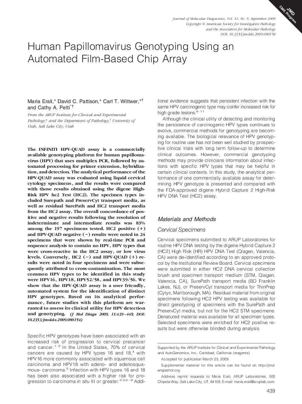 Regular ArticlesHuman Papillomavirus Genotyping Using an Automated Film-Based Chip Array
