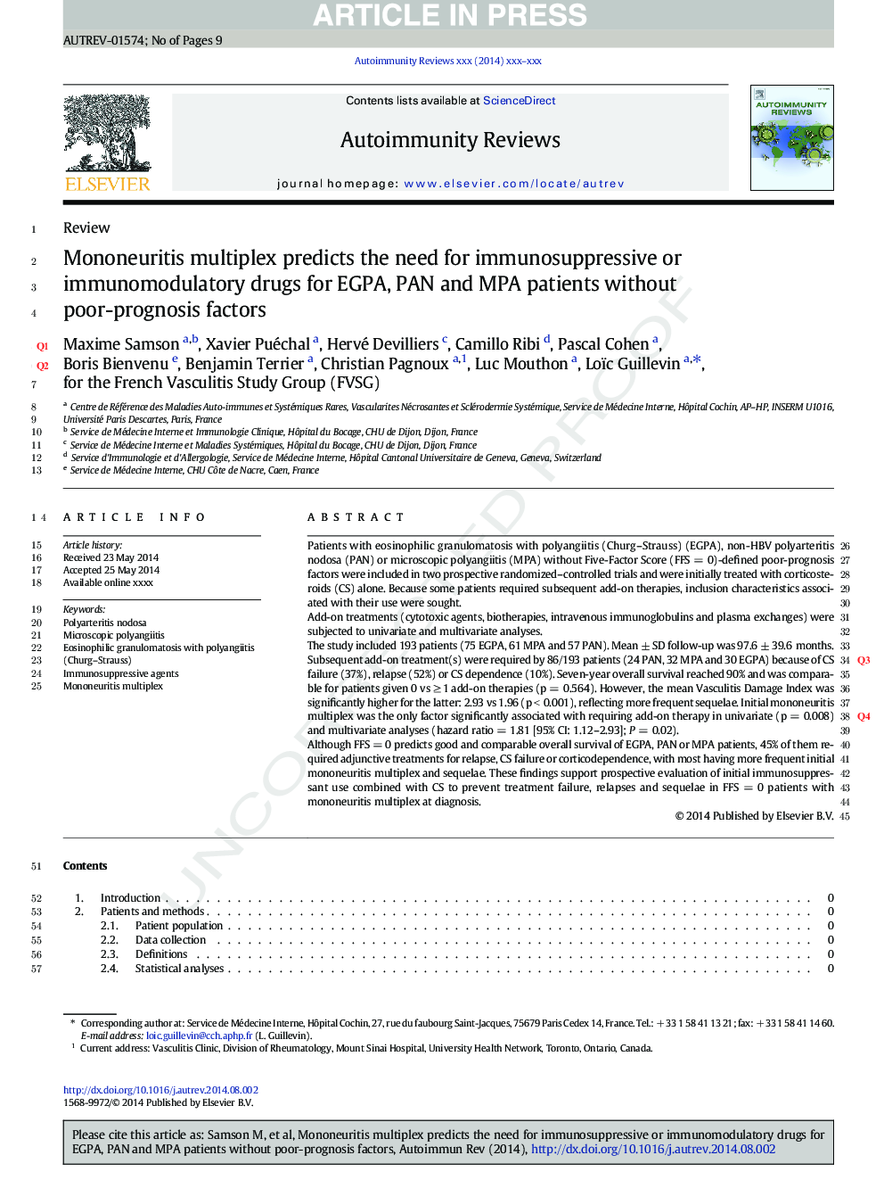 Mononeuritis multiplex predicts the need for immunosuppressive or immunomodulatory drugs for EGPA, PAN and MPA patients without poor-prognosis factors