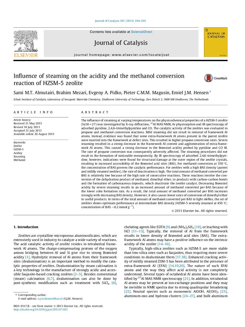 Influence of steaming on the acidity and the methanol conversion reaction of HZSM-5 zeolite