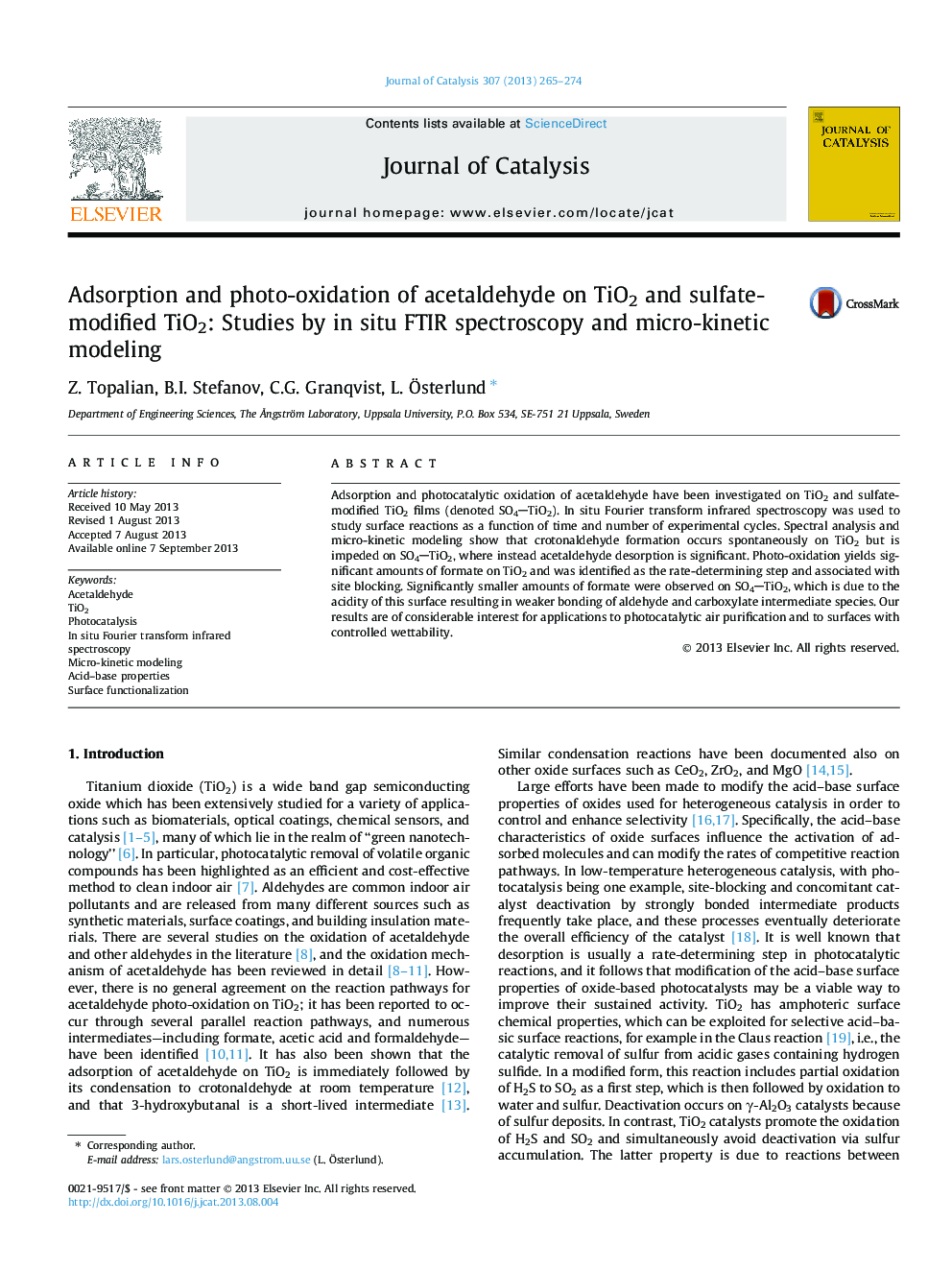 Adsorption and photo-oxidation of acetaldehyde on TiO2 and sulfate-modified TiO2: Studies by in situ FTIR spectroscopy and micro-kinetic modeling