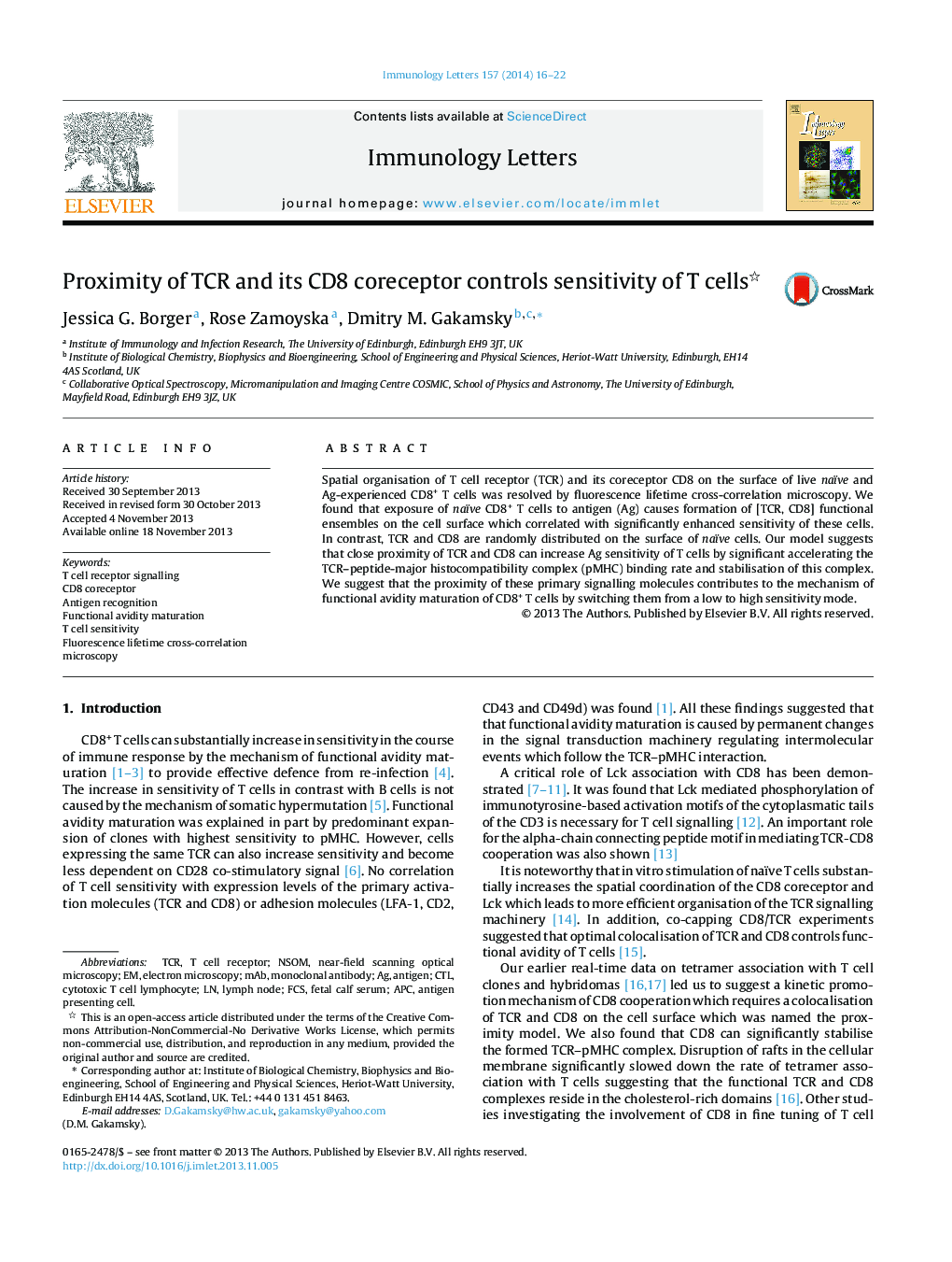 Proximity of TCR and its CD8 coreceptor controls sensitivity of T cells