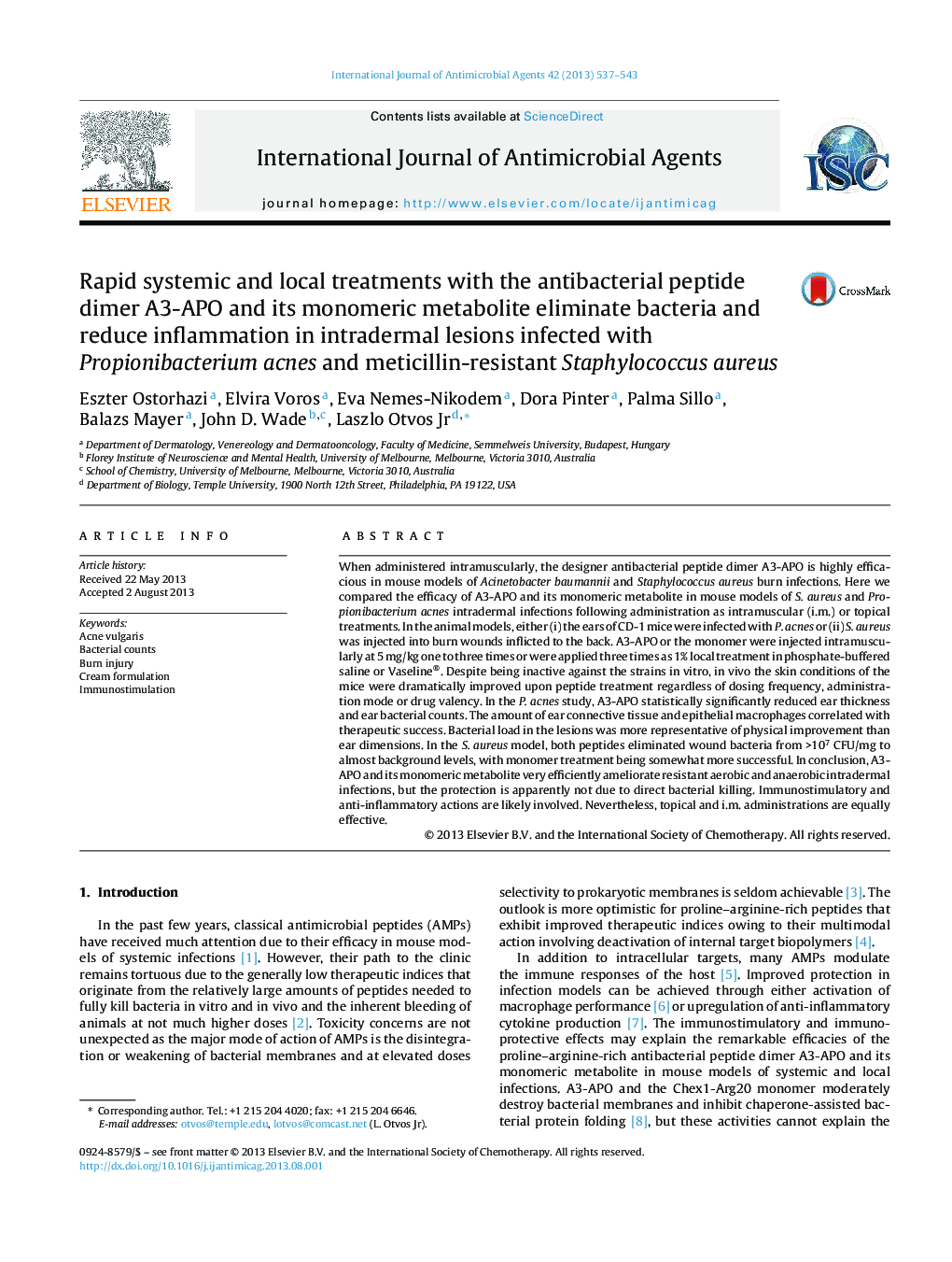 Rapid systemic and local treatments with the antibacterial peptide dimer A3-APO and its monomeric metabolite eliminate bacteria and reduce inflammation in intradermal lesions infected with Propionibacterium acnes and meticillin-resistant Staphylococcus au