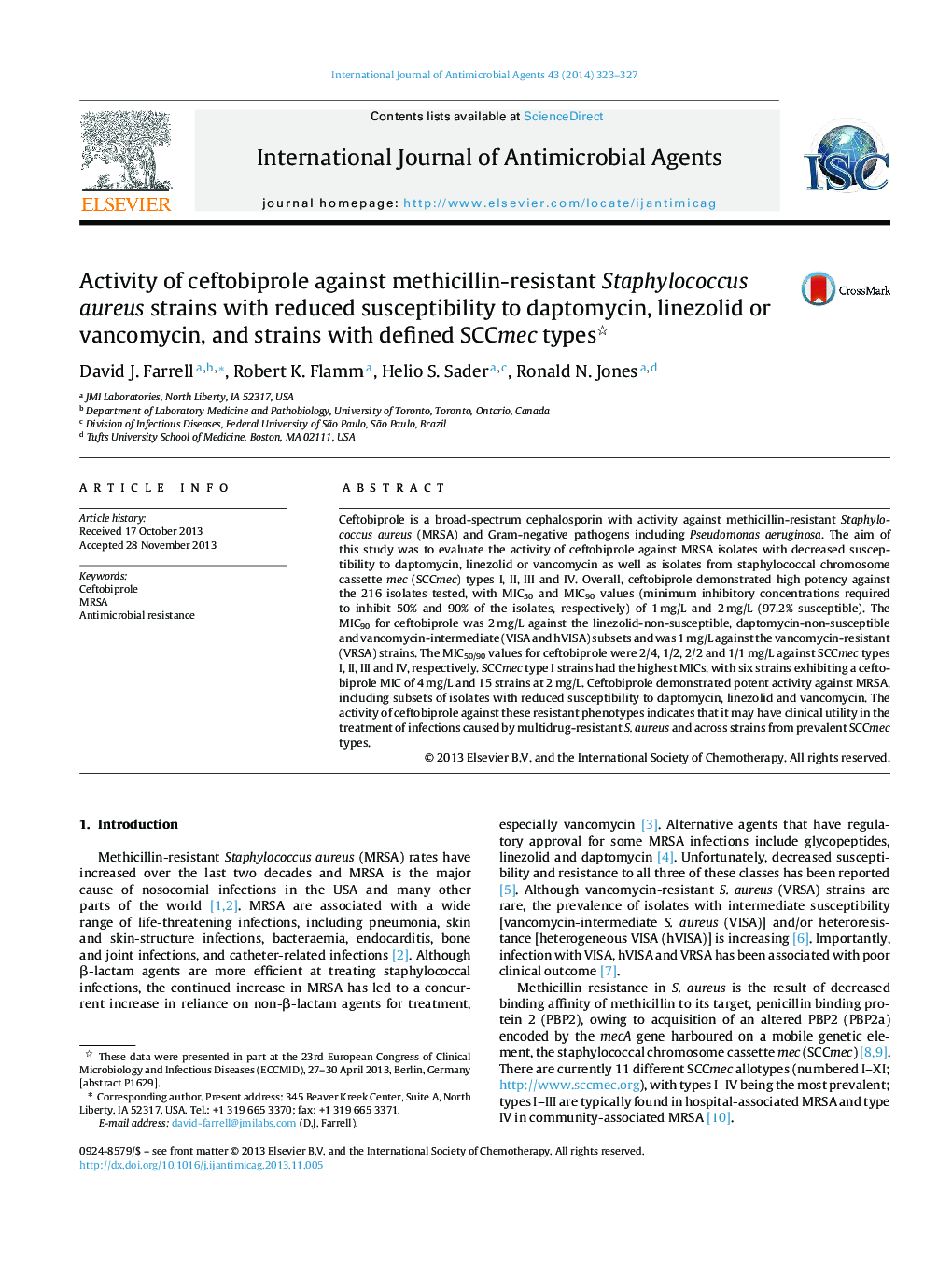 Activity of ceftobiprole against methicillin-resistant Staphylococcus aureus strains with reduced susceptibility to daptomycin, linezolid or vancomycin, and strains with defined SCCmec types