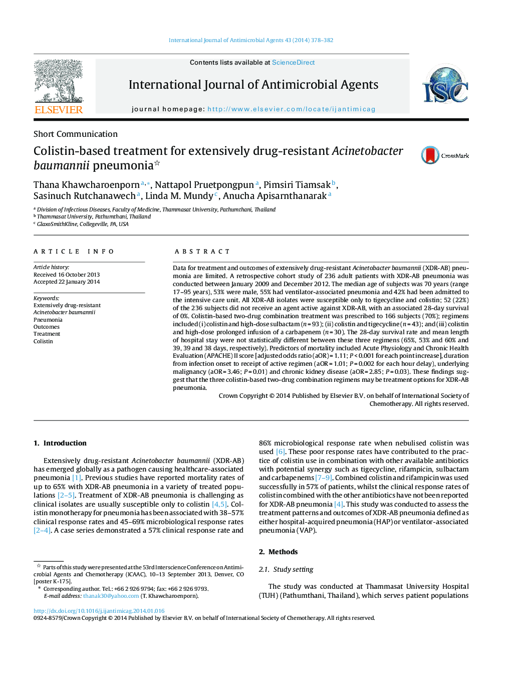 Colistin-based treatment for extensively drug-resistant Acinetobacter baumannii pneumonia
