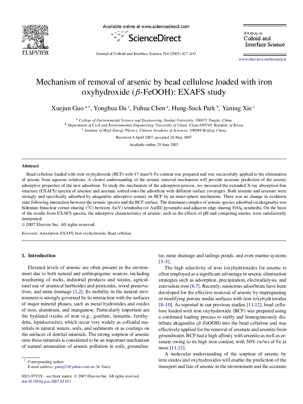 Mechanism of removal of arsenic by bead cellulose loaded with iron oxyhydroxide (Î²-FeOOH): EXAFS study