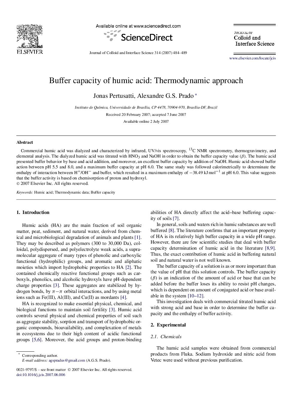 Buffer capacity of humic acid: Thermodynamic approach