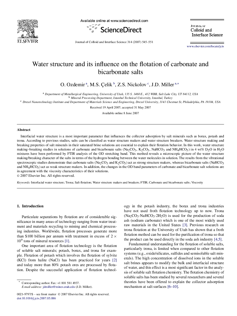 Water structure and its influence on the flotation of carbonate and bicarbonate salts