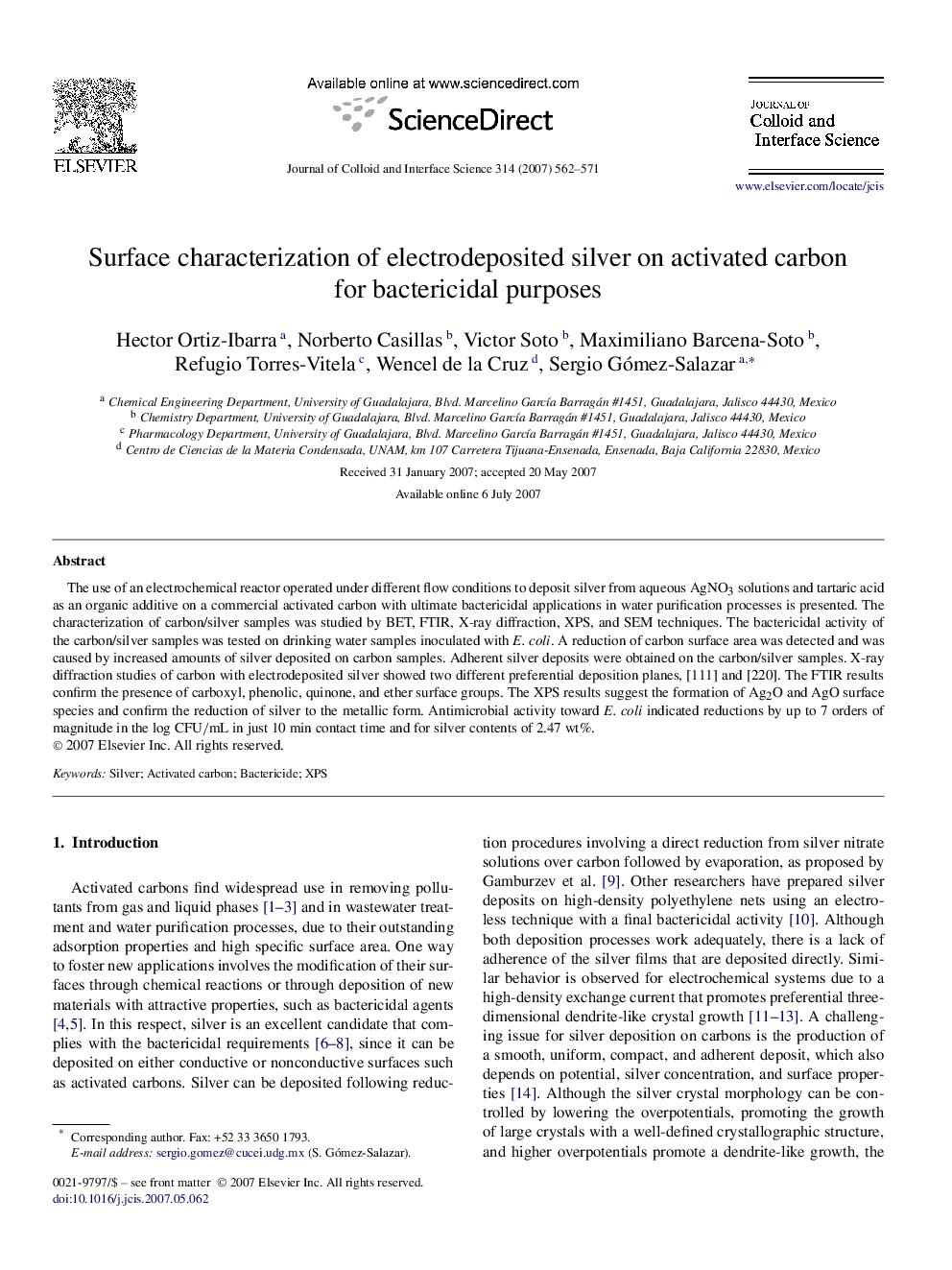 Surface characterization of electrodeposited silver on activated carbon for bactericidal purposes