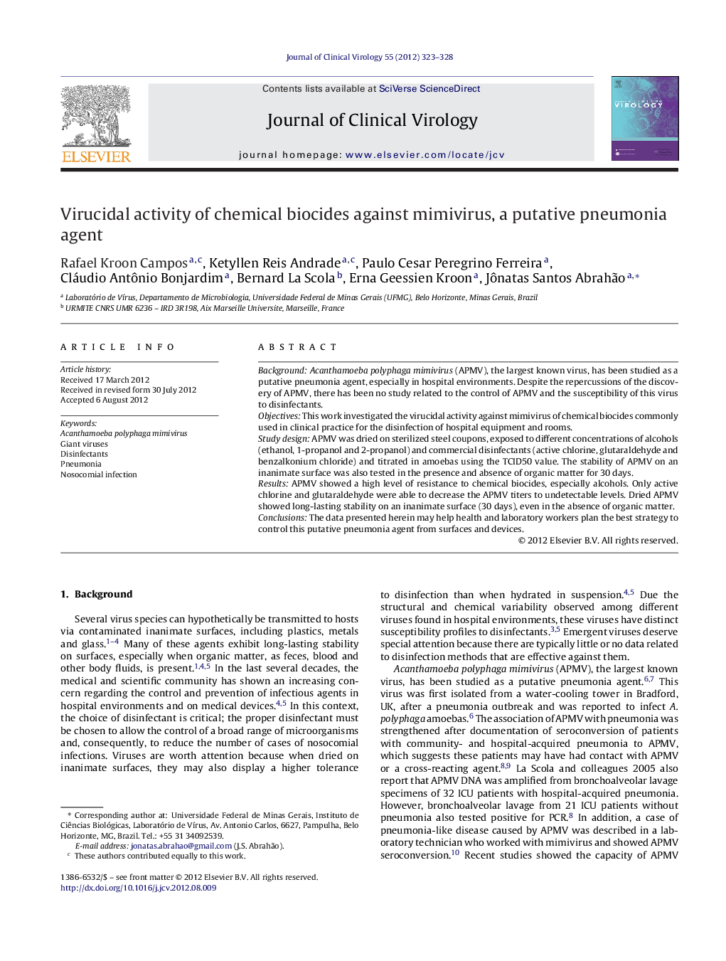 Virucidal activity of chemical biocides against mimivirus, a putative pneumonia agent