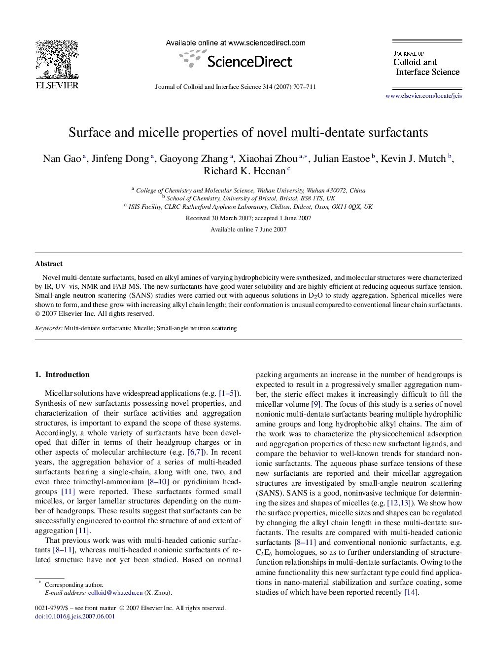 Surface and micelle properties of novel multi-dentate surfactants