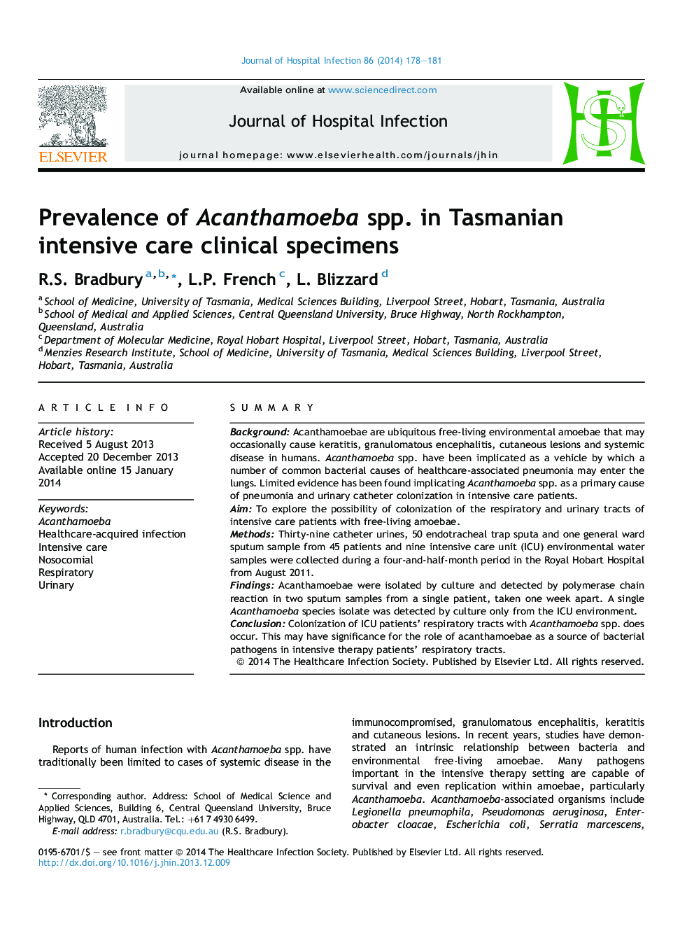 Prevalence of Acanthamoeba spp. in Tasmanian intensive care clinical specimens