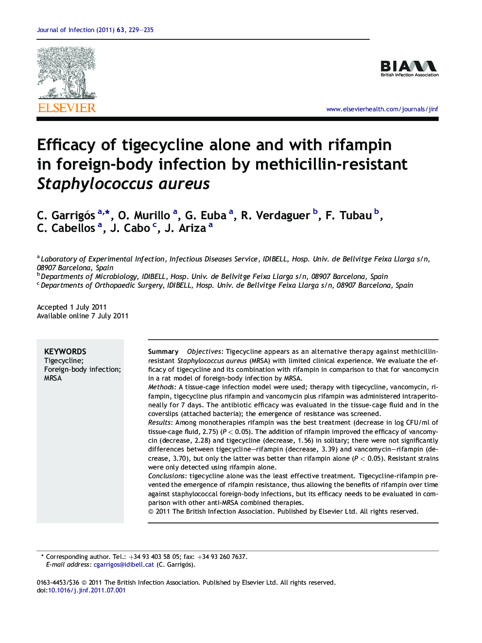 Efficacy of tigecycline alone and with rifampin in foreign-body infection by methicillin-resistant Staphylococcus aureus