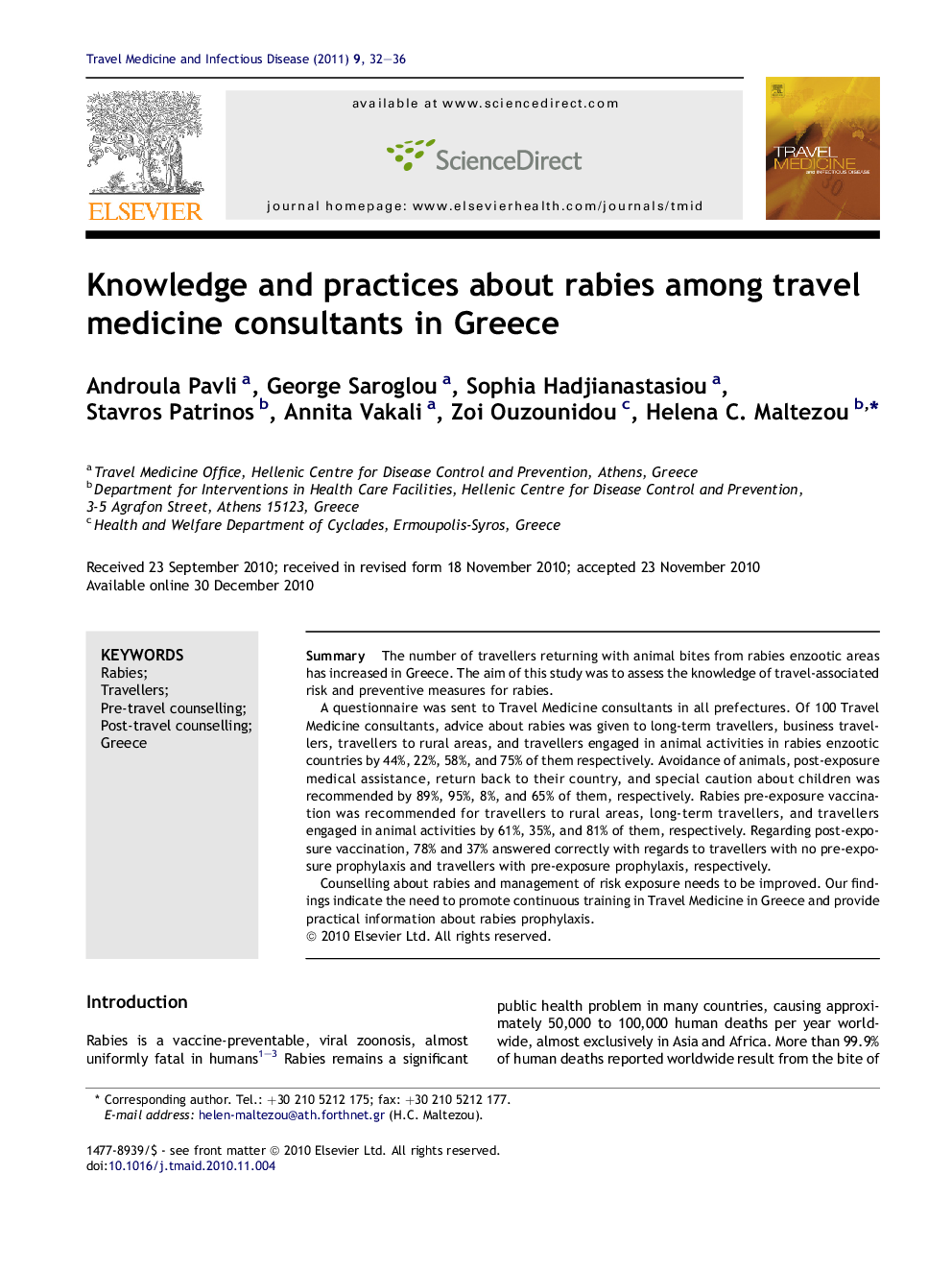 Knowledge and practices about rabies among travel medicine consultants in Greece