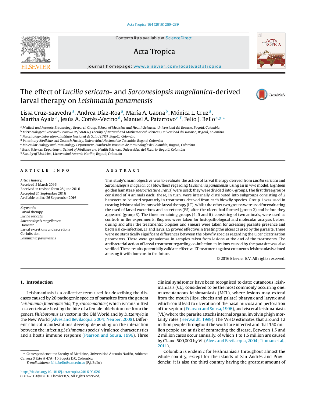 The effect of Lucilia sericata- and Sarconesiopsis magellanica-derived larval therapy on Leishmania panamensis