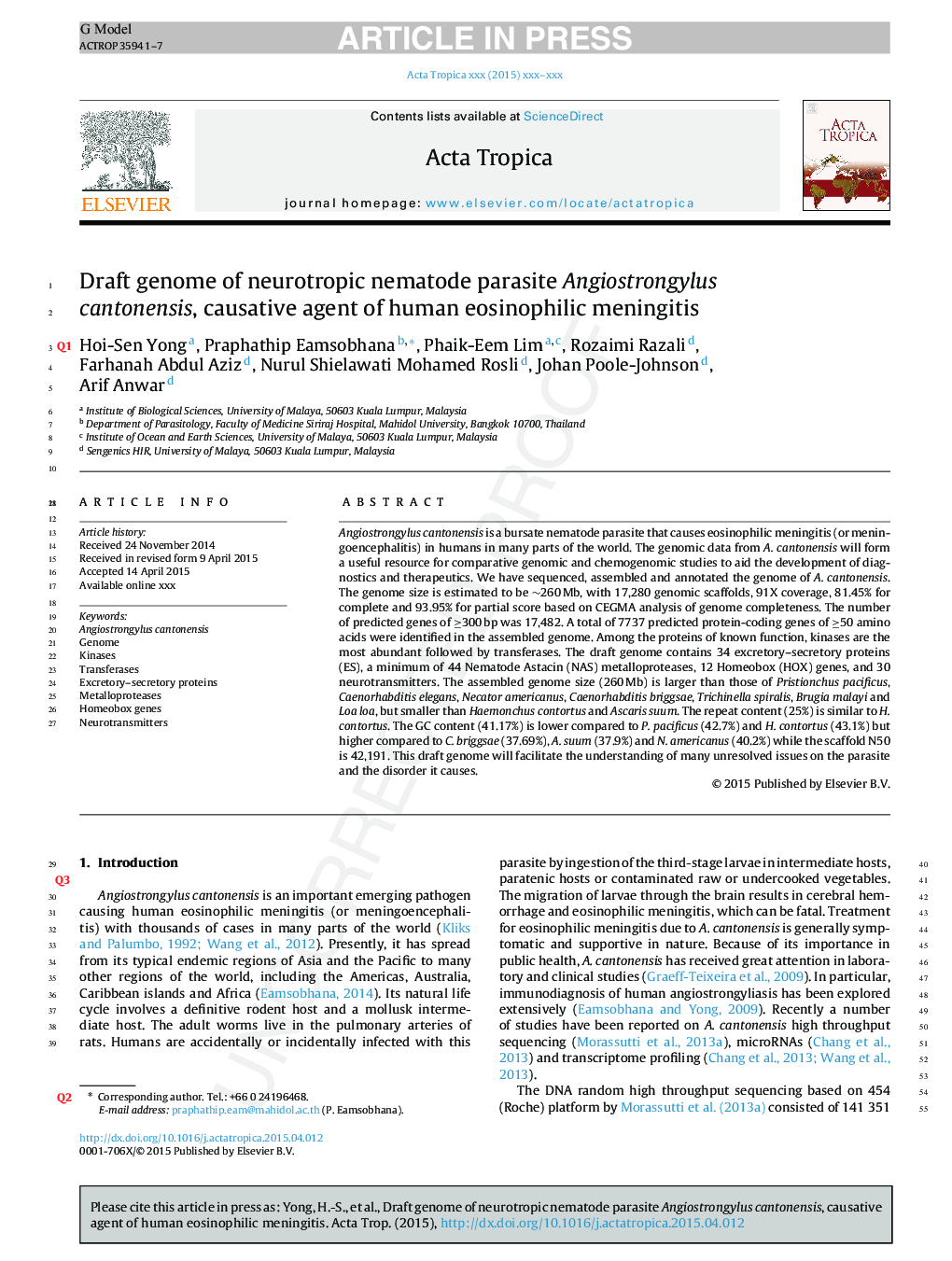 Draft genome of neurotropic nematode parasite Angiostrongylus cantonensis, causative agent of human eosinophilic meningitis