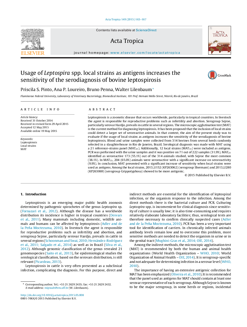 Usage of Leptospira spp. local strains as antigens increases the sensitivity of the serodiagnosis of bovine leptospirosis