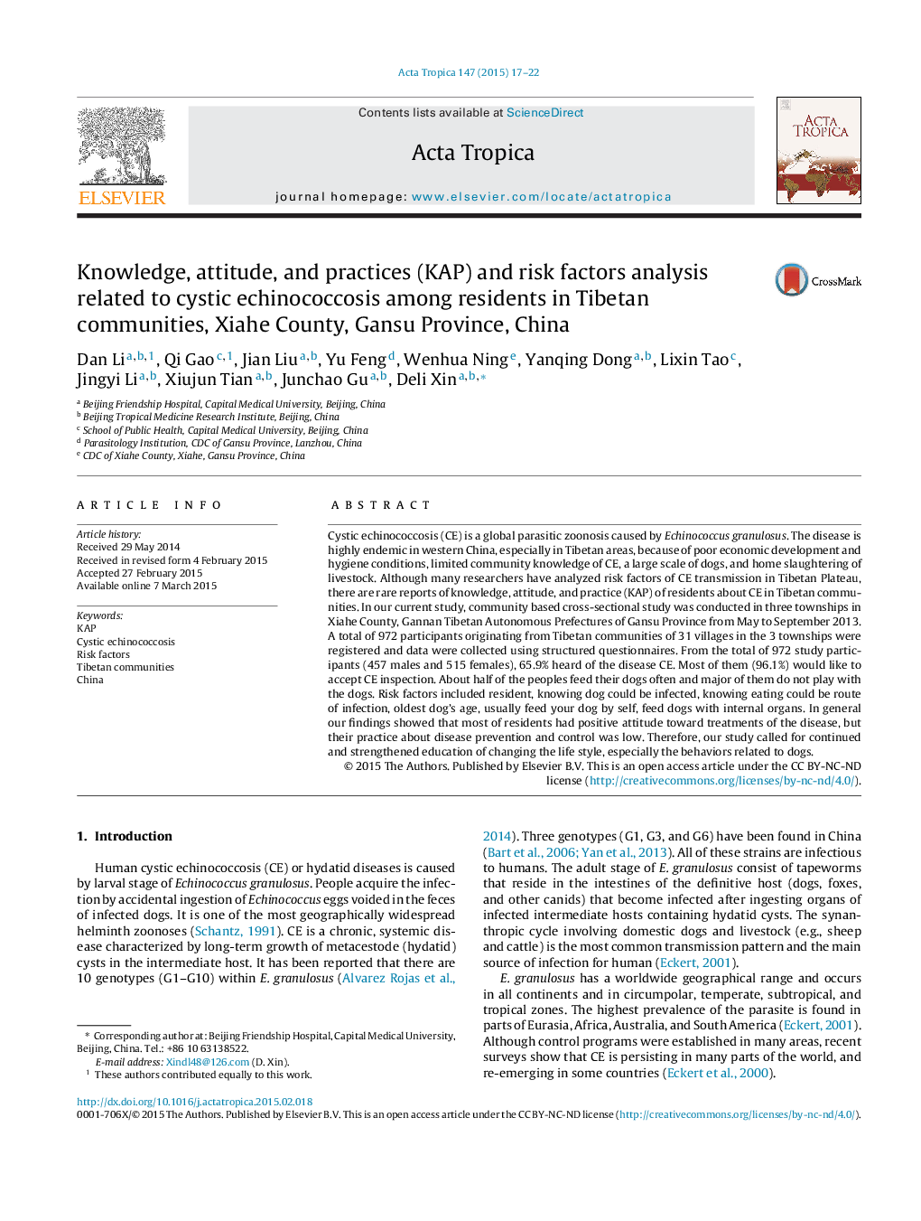 Knowledge, attitude, and practices (KAP) and risk factors analysis related to cystic echinococcosis among residents in Tibetan communities, Xiahe County, Gansu Province, China