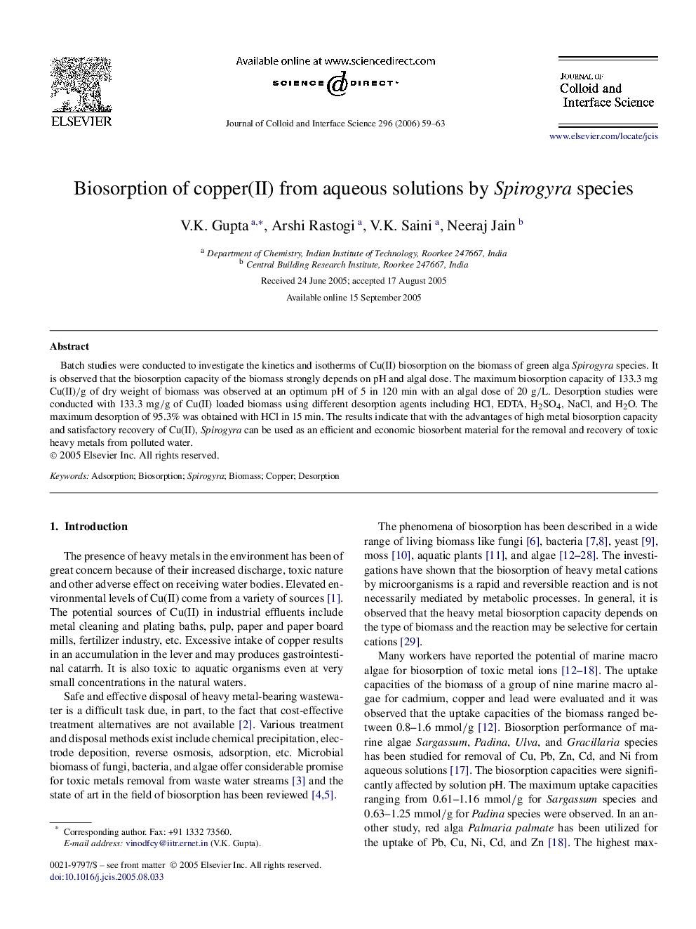 Biosorption of copper(II) from aqueous solutions by Spirogyra species