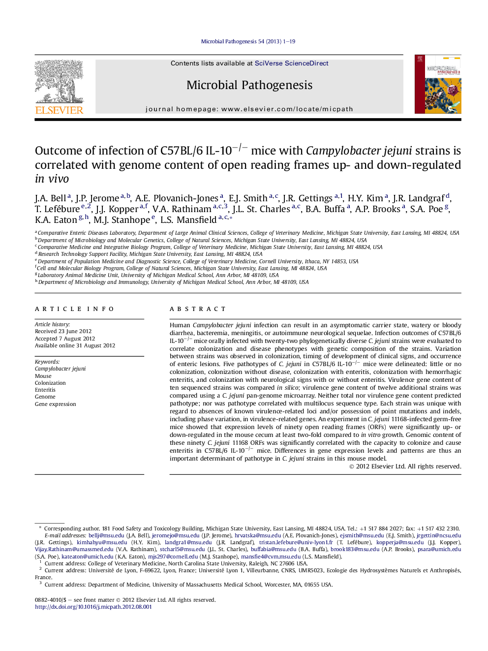 Outcome of infection of C57BL/6 IL-10â/â mice with Campylobacter jejuni strains is correlated with genome content of open reading frames up- and down-regulated inÂ vivo