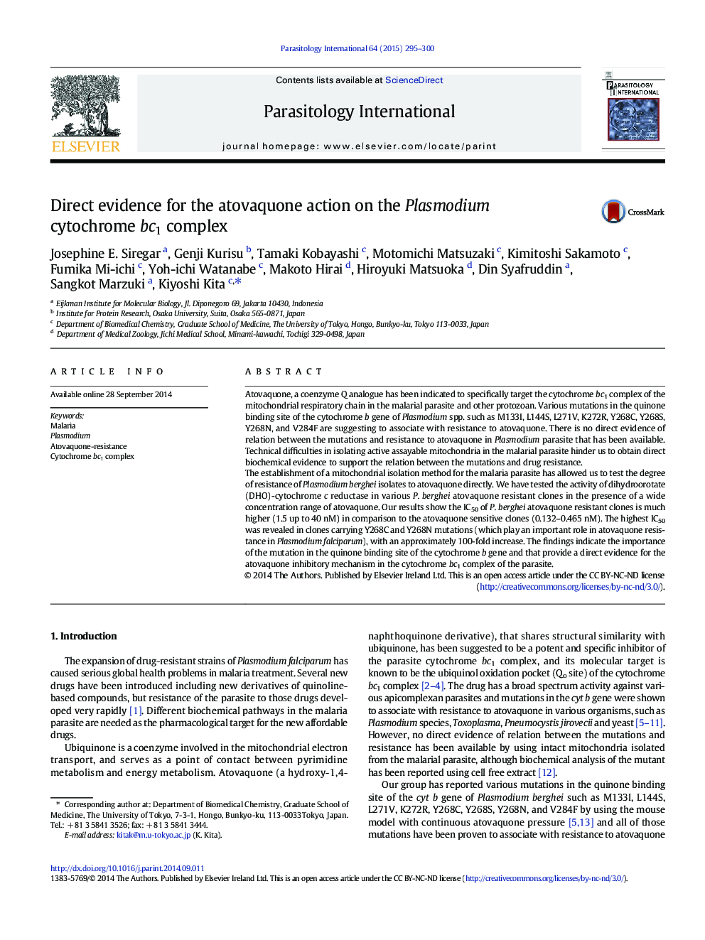 Direct evidence for the atovaquone action on the Plasmodium cytochrome bc1 complex