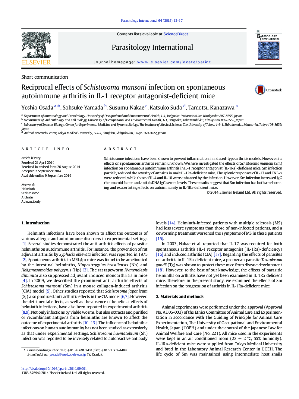 Reciprocal effects of Schistosoma mansoni infection on spontaneous autoimmune arthritis in IL-1 receptor antagonist-deficient mice