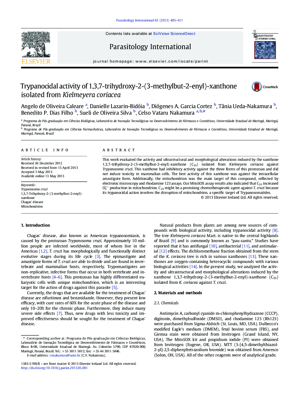 Trypanocidal activity of 1,3,7-trihydroxy-2-(3-methylbut-2-enyl)-xanthone isolated from Kielmeyera coriacea