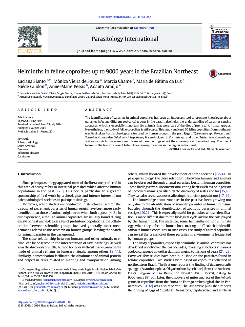 Helminths in feline coprolites up to 9000 years in the Brazilian Northeast