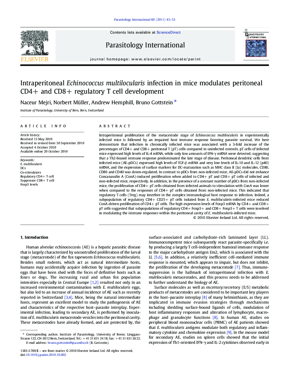Intraperitoneal Echinococcus multilocularis infection in mice modulates peritoneal CD4+ and CD8+ regulatory T cell development