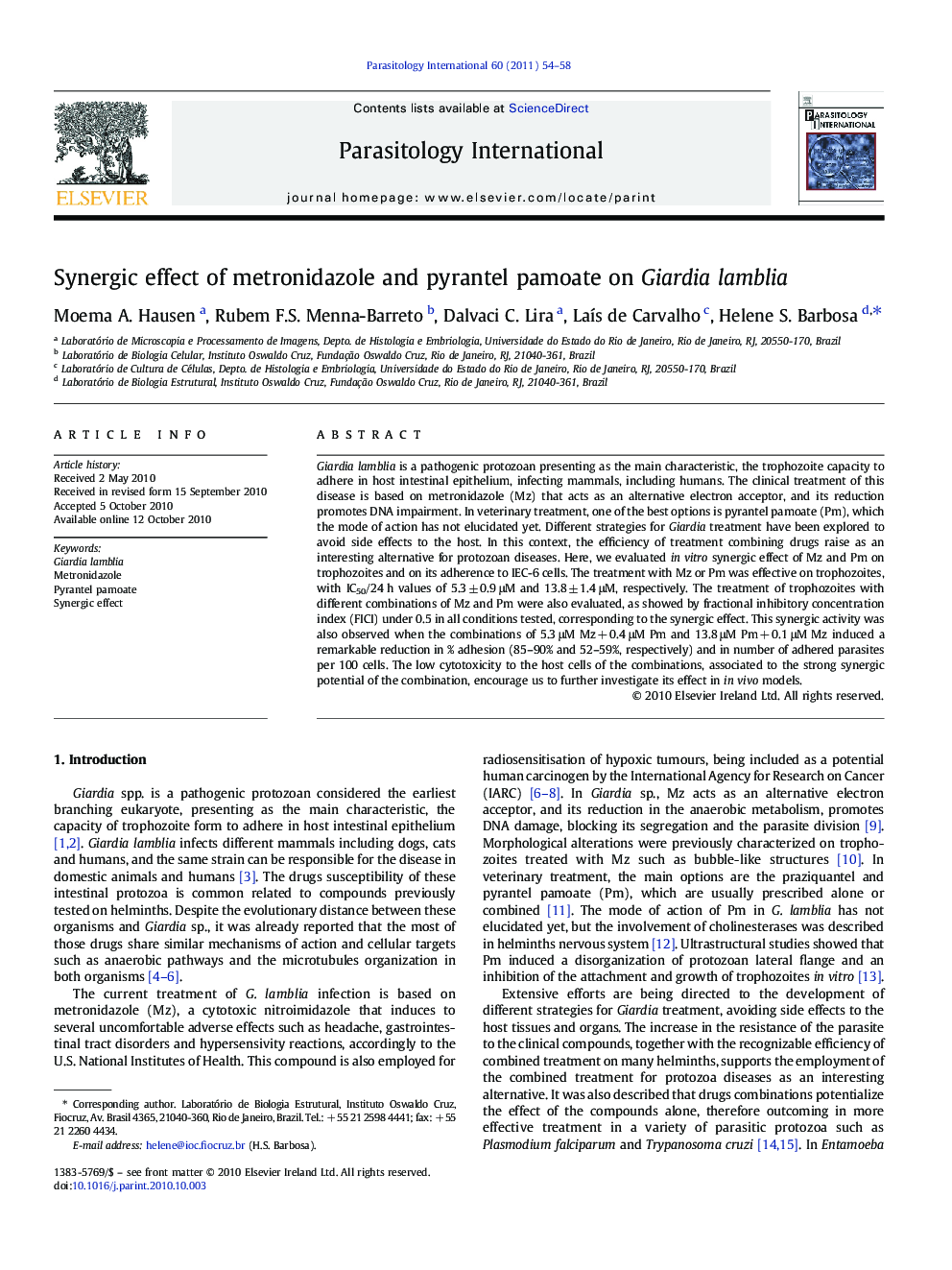 Synergic effect of metronidazole and pyrantel pamoate on Giardia lamblia