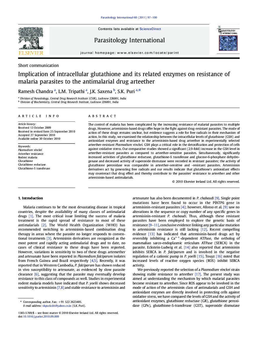 Implication of intracellular glutathione and its related enzymes on resistance of malaria parasites to the antimalarial drug arteether