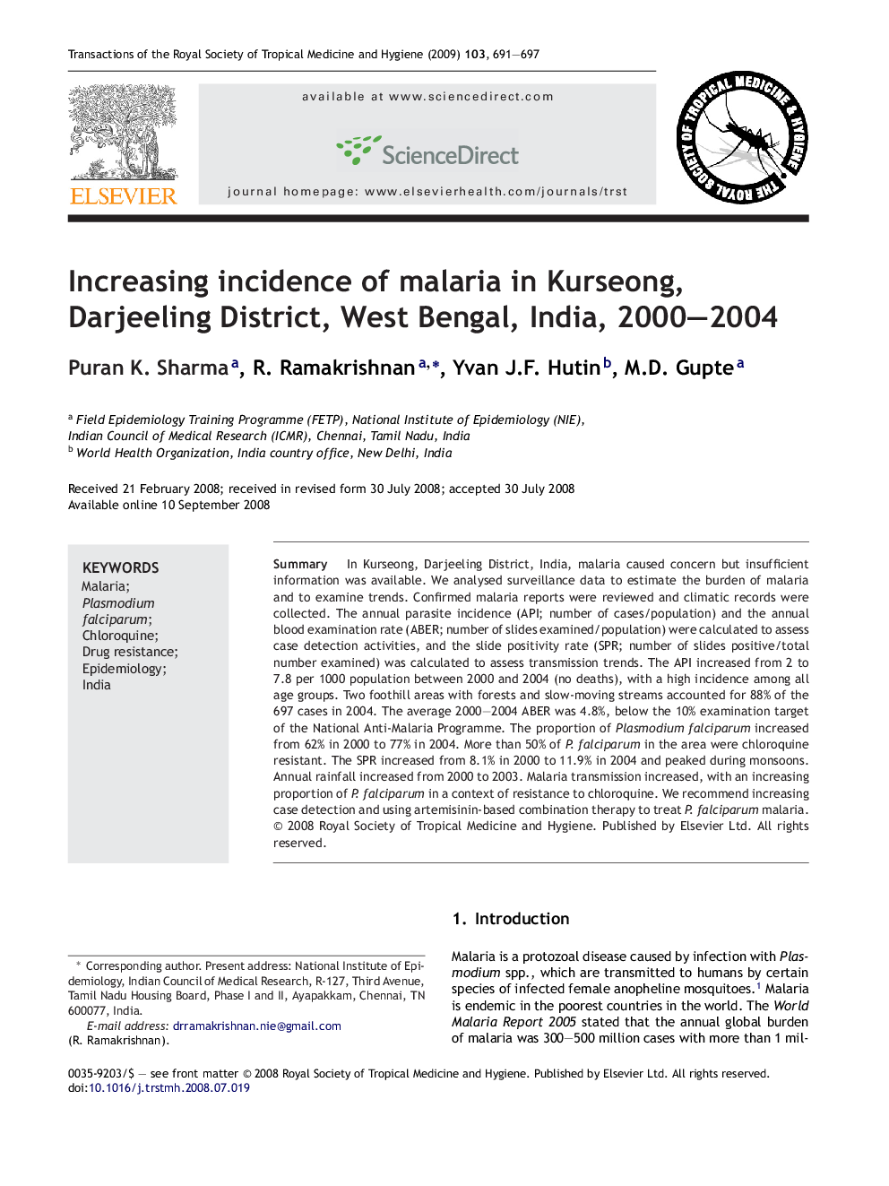 Increasing incidence of malaria in Kurseong, Darjeeling District, West Bengal, India, 2000-2004