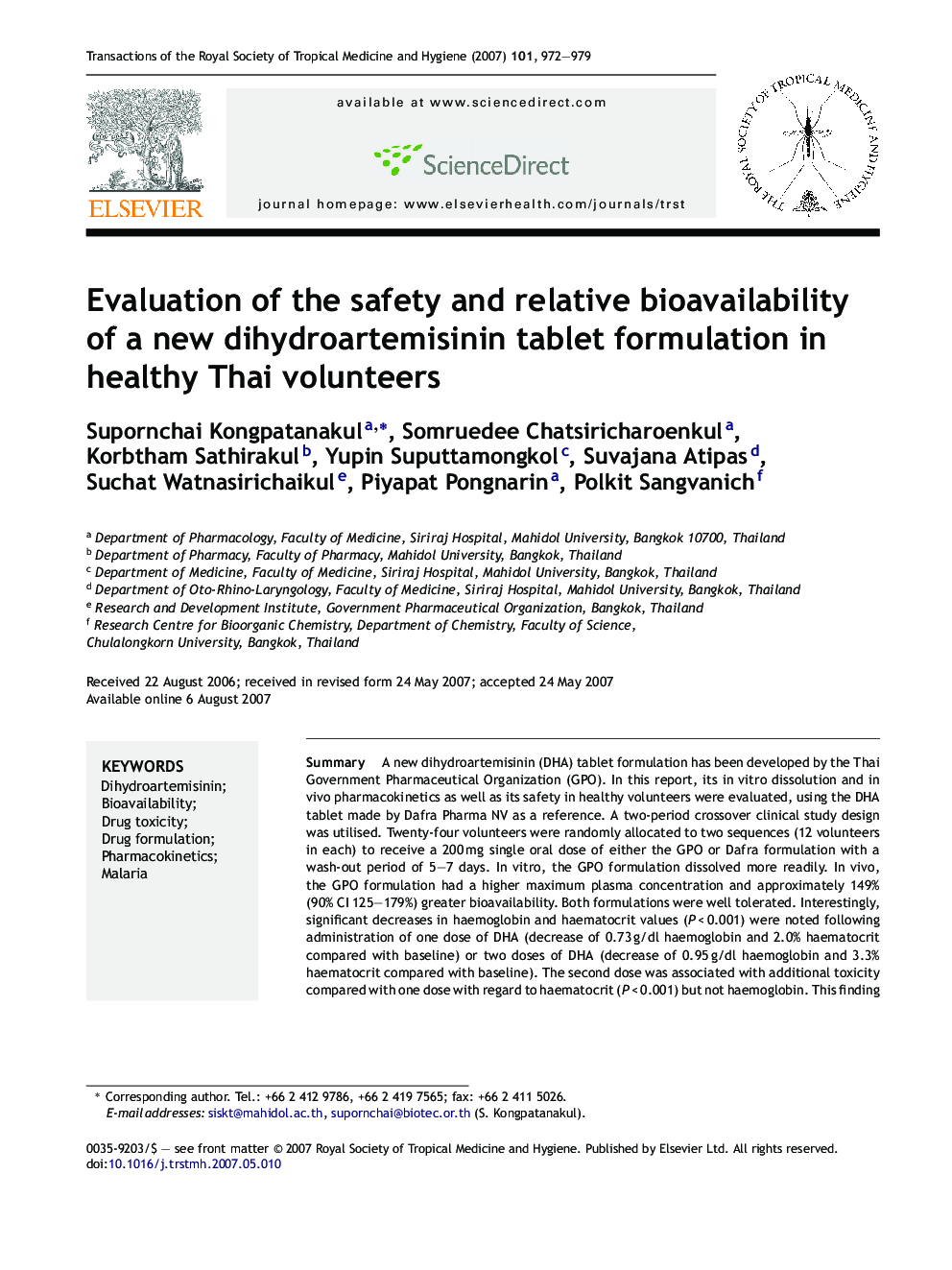 Evaluation of the safety and relative bioavailability of a new dihydroartemisinin tablet formulation in healthy Thai volunteers