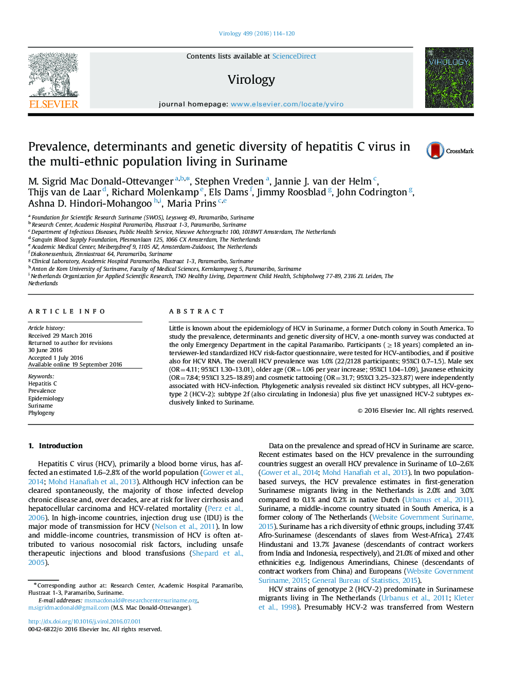 Prevalence, determinants and genetic diversity of hepatitis C virus in the multi-ethnic population living in Suriname
