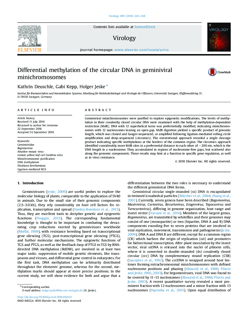 Differential methylation of the circular DNA in geminiviral minichromosomes