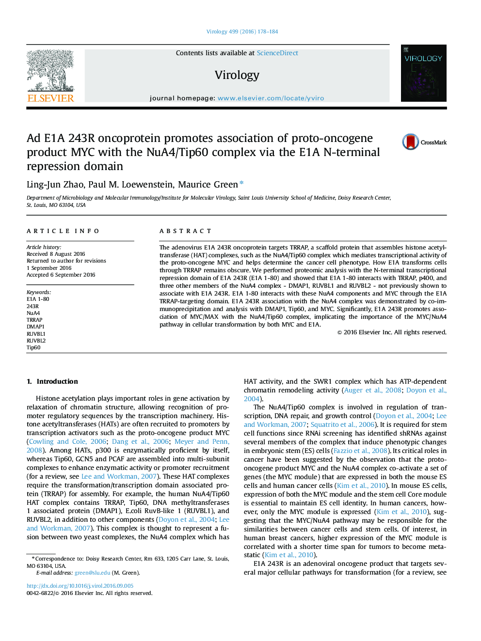 Ad E1A 243R oncoprotein promotes association of proto-oncogene product MYC with the NuA4/Tip60 complex via the E1A N-terminal repression domain